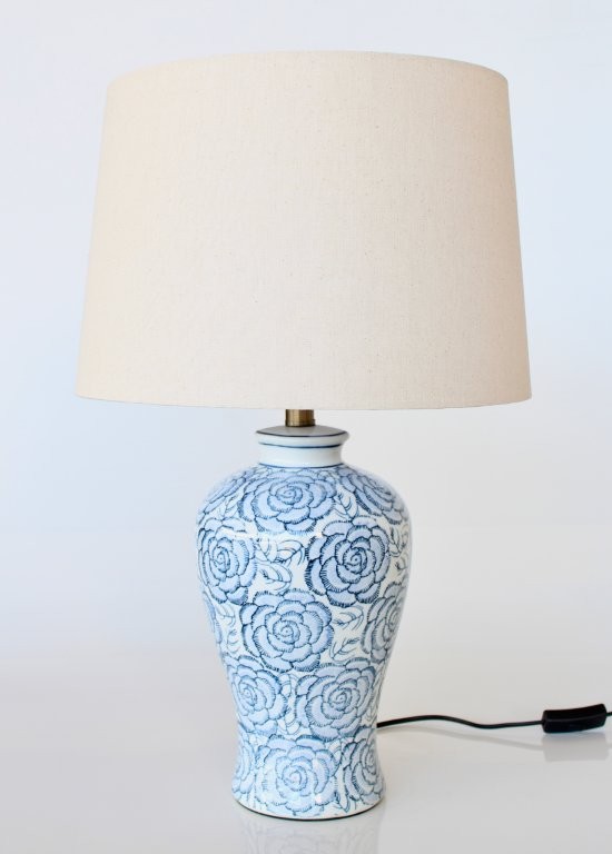 BLUE FLORAL CERAMIC LAMP BASE BEIGE SHADE  61X38CM